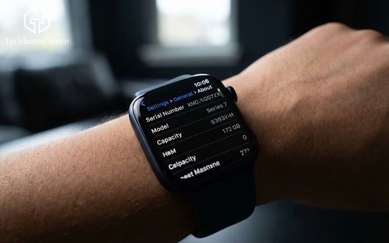 Cách kiểm tra Apple Watch chính hãng: Check Serial/IMEI, iCloud và Bảo hành (2026) Cận cảnh màn hình Apple Watch hiển thị menu Giới thiệu với dòng Serial Number rõ ràng.