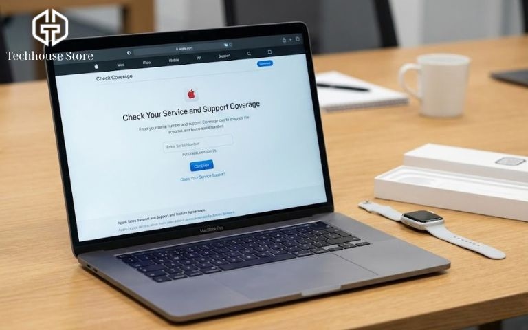 Cách kiểm tra Apple Watch chính hãng: Check Serial/IMEI, iCloud và Bảo hành (2026) Màn hình máy tính hiển thị trang web kiểm tra bảo hành chính hãng checkcoverage.apple.com của Apple.