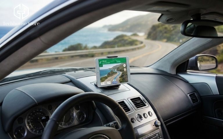 Một chiếc iPad mini Cellular được gắn trên taplo ô tô đang hiển thị bản đồ dẫn đường 3D chi tiết khi di chuyển.