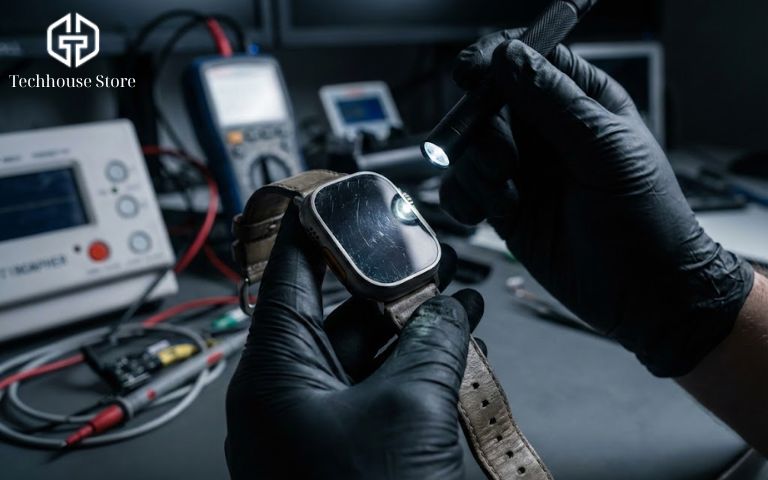 Một chuyên gia kỹ thuật đang sử dụng đèn chuyên dụng để kiểm tra kỹ lưỡng bề mặt một chiếc Apple Watch Ultra cũ trong môi trường lab hiện đại năm 2026.