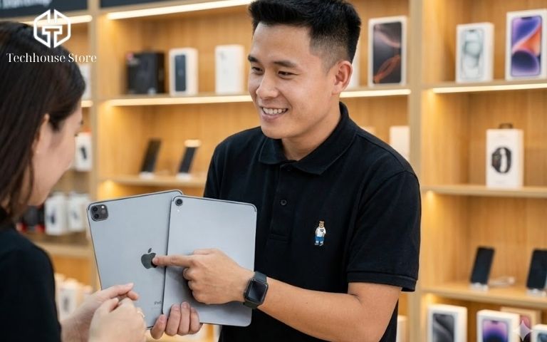 Chuyên viên kỹ thuật tại Tech House Store đang tận tình so sánh hai phiên bản iPad Wi-Fi và Cellular trên tay để tư vấn cho khách hàng.