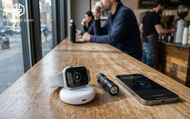 Hướng Dẫn Cách Kiểm Tra Apple Watch Cũ Chi Tiết: Góc Nhìn Chuyên Gia (2026) Bối cảnh kiểm tra Apple Watch cũ thực tế tại bàn gỗ quán cà phê, với đồng hồ đang được sạc bằng pin dự phòng, bên cạnh là đèn pin và điện thoại iPhone.