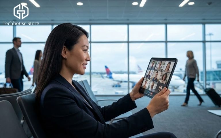 Một nữ doanh nhân đang thực hiện cuộc gọi video chất lượng cao trên iPad Pro tại sảnh chờ sân bay sử dụng mạng 4G.