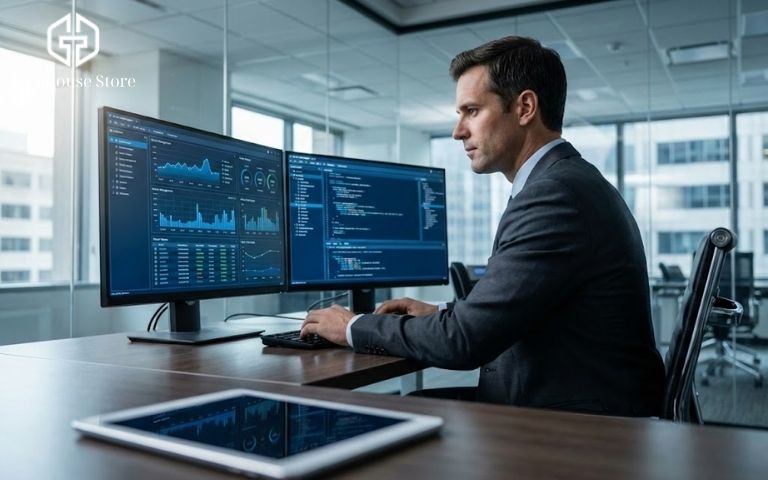 Quản trị viên IT đang theo dõi hệ thống quản lý thiết bị di động MDM trên nhiều iPad trong môi trường doanh nghiệp.