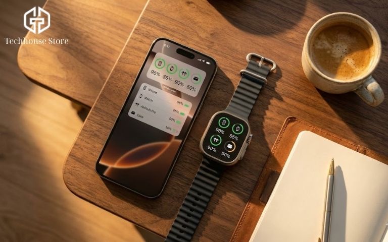 Cách kiểm tra tình trạng pin của Apple Watch (2026): Đừng để con số % đánh lừa bạn iPhone 16 và Apple Watch đặt các cạnh nhau trên bàn làm việc, màn hình iPhone hiển thị Widget pin của cả hai thiết bị.