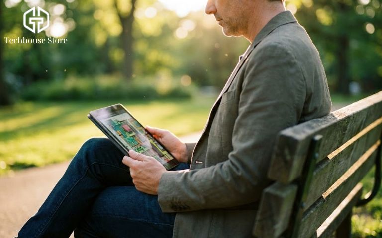 So sánh iPad WiFi Cellular và iPad WiFi 4G: Đừng phí tiền oan nếu chưa đọc bài này (Update 2026) Doanh nhân đang làm việc hiệu quả trên iPad Cellular tại công viên mà không cần phụ thuộc vào Wi-Fi.