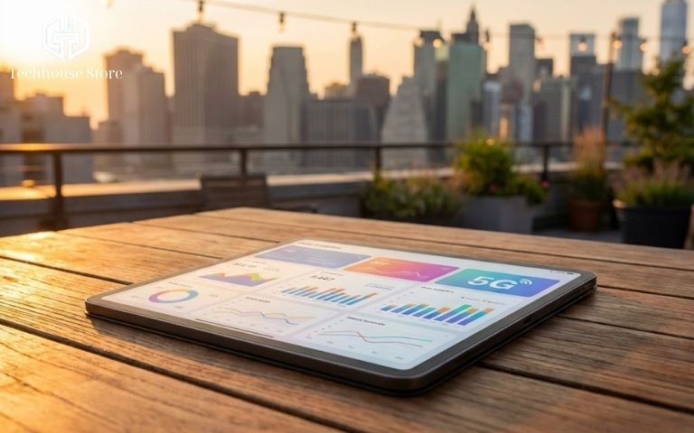 iPad Pro Cellular hiển thị kết nối 5G tốc độ cao đặt trên bàn làm việc ngoài trời với phông nền thành phố hiện đại.