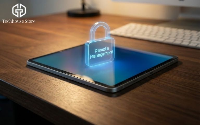 Cận cảnh một chiếc iPad hiển thị biểu tượng khóa kỹ thuật số tượng trưng cho ipad dính mdm và quản lý từ xa.