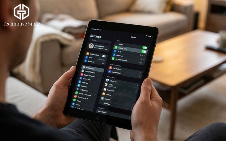 Cận cảnh màn hình iPad hiển thị menu Cài đặt với mục 'Dữ liệu di động' được bật sáng.