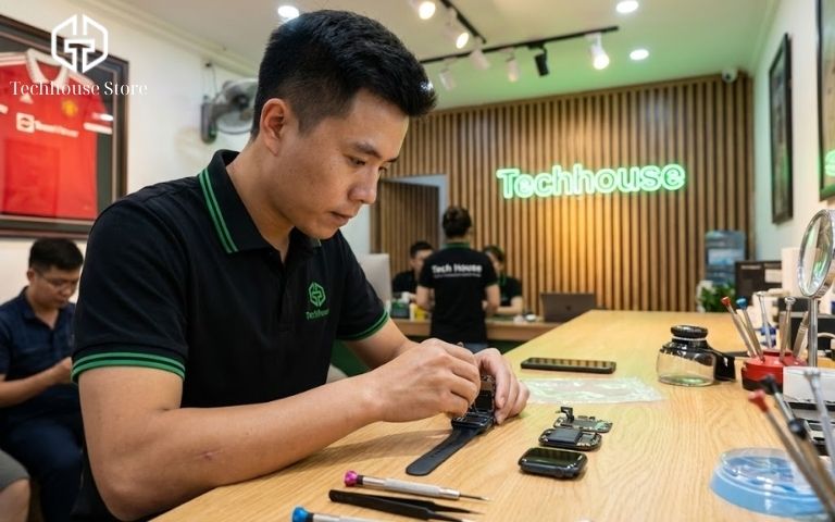 Cách kiểm tra tình trạng pin của Apple Watch (2026): Đừng để con số % đánh lừa bạn Kỹ thuật viên chuyên nghiệp tại Tech House Store đang tiến hành kiểm tra và thay thế pin cho Apple Watch với các công cụ chuyên dụng.