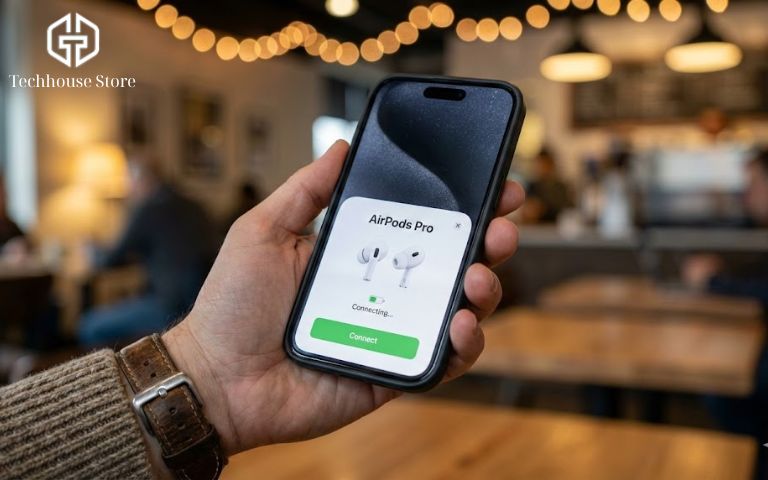 Người dùng cầm iPhone hiển thị thông báo kết nối AirPods với giao diện iOS hiện đại, minh họa tính năng phát hiện hàng giả.