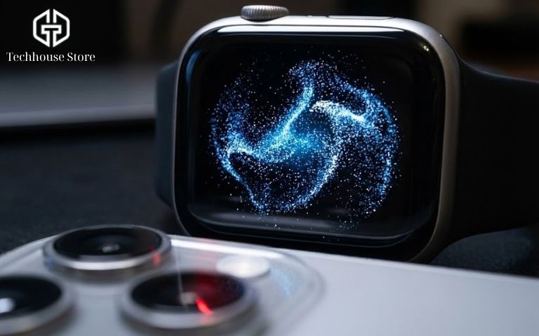 Cách kiểm tra Apple Watch chính hãng: Check Serial/IMEI, iCloud và Bảo hành (2026) Hình ảnh đám mây các chấm tròn xoáy (Particle Cloud) đặc trưng trên màn hình Apple Watch khi ghép đôi với iPhone.