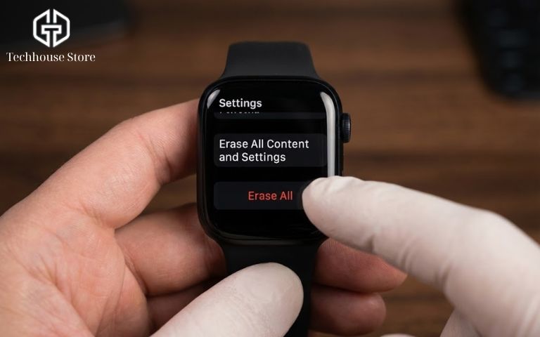 Hướng Dẫn Cách Kiểm Tra Apple Watch Cũ Chi Tiết: Góc Nhìn Chuyên Gia (2026) Giao diện menu Cài đặt trên Apple Watch hiển thị tùy chọn "Xóa tất cả nội dung và cài đặt" (Erase All Content and Settings).