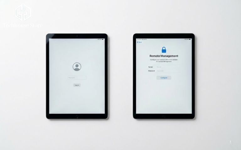 Hai chiếc iPad đặt cạnh nhau mô phỏng sự khác biệt giữa khóa kích hoạt iCloud và màn hình quản lý từ xa MDM.