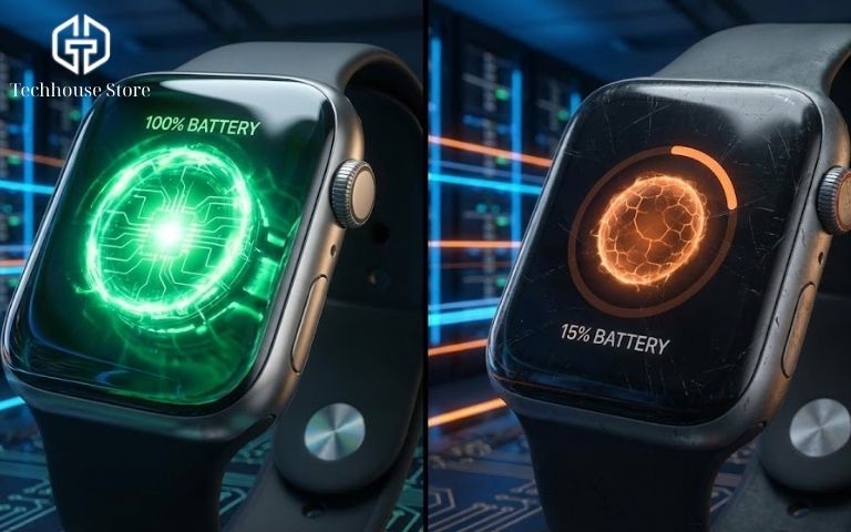 Cách kiểm tra tình trạng pin của Apple Watch (2026): Đừng để con số % đánh lừa bạn Đồ họa so sánh dung lượng pin thực tế giữa Apple Watch mới và cũ, minh họa khái niệm chai pin theo thời gian.