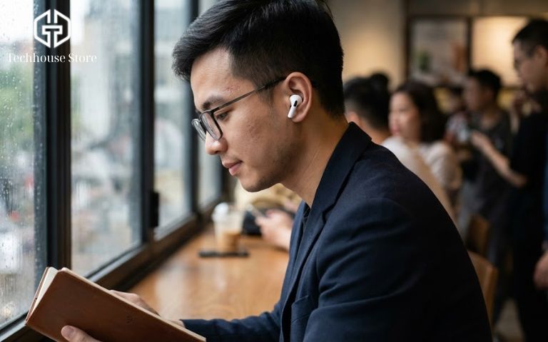 Chất Lượng Âm Thanh AirPods 1, 2, 4, Pro 3: Nghe Có Hay Không? Đánh Giá Chi Tiết 2026 Cận cảnh một người đàn ông đeo AirPods 4 đang ngồi làm việc tập trung trong một quán cà phê đông đông đúc, thể hiện khả năng cách âm tốt.