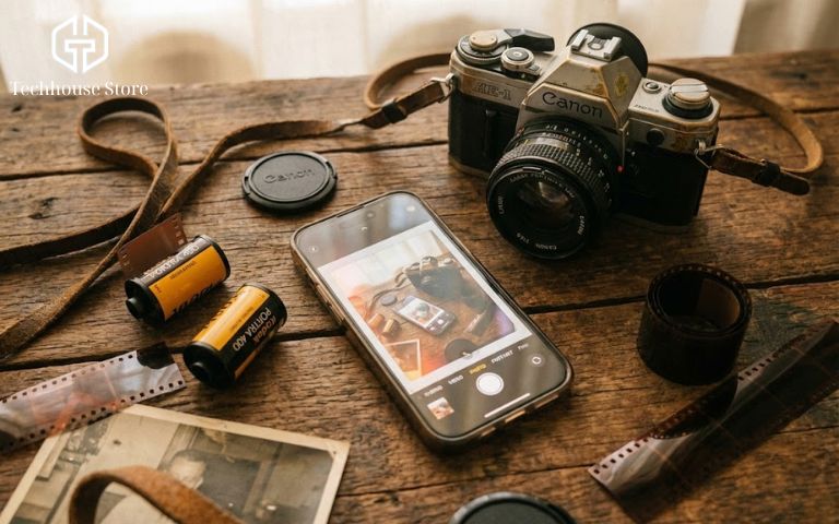 Top 15+ App Chụp Ảnh Đẹp Trên iPhone Miễn Phí 2026 Một bức ảnh phong cách retro chụp bằng iPhone đặt cạnh một chiếc máy ảnh film cũ trên bàn gỗ.