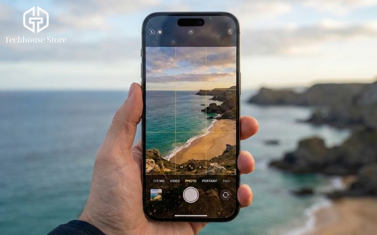 10+ Mẹo Chụp Ảnh Đẹp Bằng iPhone: Ai Cũng Làm Được (Từ Cơ Bản Đến Pro) Màn hình iPhone hiển thị chế độ lưới grid 3x3 đang căn chỉnh bố cục chụp phong cảnh biển.