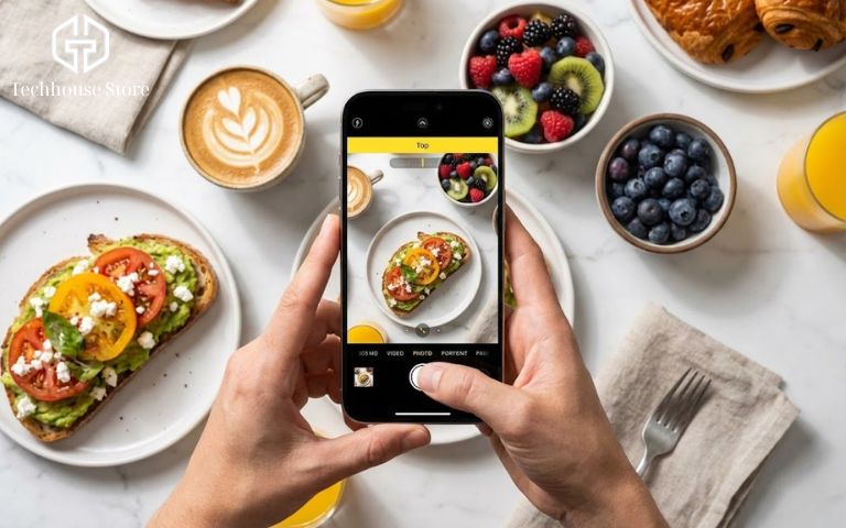 Top 15+ App Chụp Ảnh Đẹp Trên iPhone Miễn Phí 2026 Góc chụp từ trên xuống (Top-down) ghi lại cảnh người dùng đang chụp một bàn tiệc Brunch hấp dẫn bằng ứng dụng Foodie.