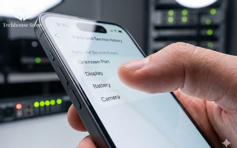Giao diện Cài đặt iOS hiển thị mục Linh kiện và Lịch sử dịch vụ trên iPhone cũ.