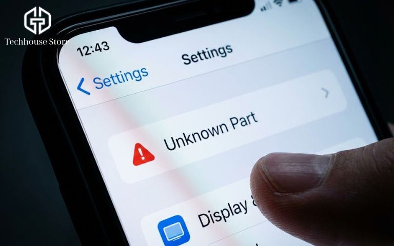 Màn hình iPhone hiển thị thông báo "Linh kiện không xác định" trong phần Cài đặt chung.