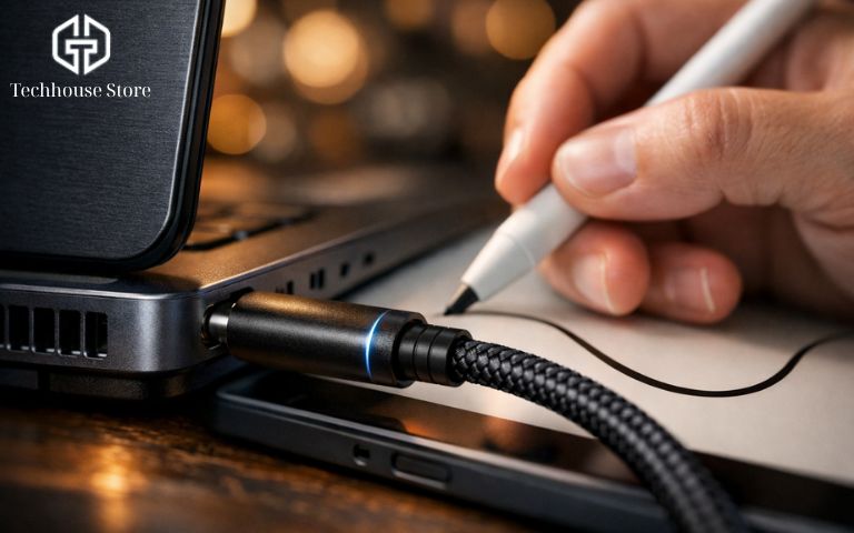 Hướng Dẫn Dùng iPad Làm Bảng Vẽ Điện Tử Cho PC Windows Bằng EasyCanvas (Nhận Lực Nhấn Chuẩn) Cận cảnh cáp truyền dữ liệu tốc độ cao Type-C giúp truyền tải hình ảnh mượt mà, triệt tiêu độ trễ khi vẽ đồ họa trên iPad kết nối với PC.