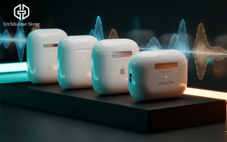 Bộ sưu tập các dòng tai nghe AirPods 1, 2, 4 và Pro 3 được sắp xếp nghệ thuật trên nền đen mờ sang trọng.
