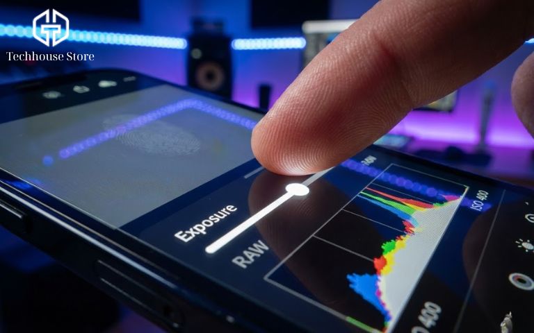 Top 15+ App Chụp Ảnh Đẹp Trên iPhone Miễn Phí 2026 Cận cảnh tay người dùng đang điều chỉnh thanh trượt ISO và tốc độ màn trập trên màn hình iPhone.