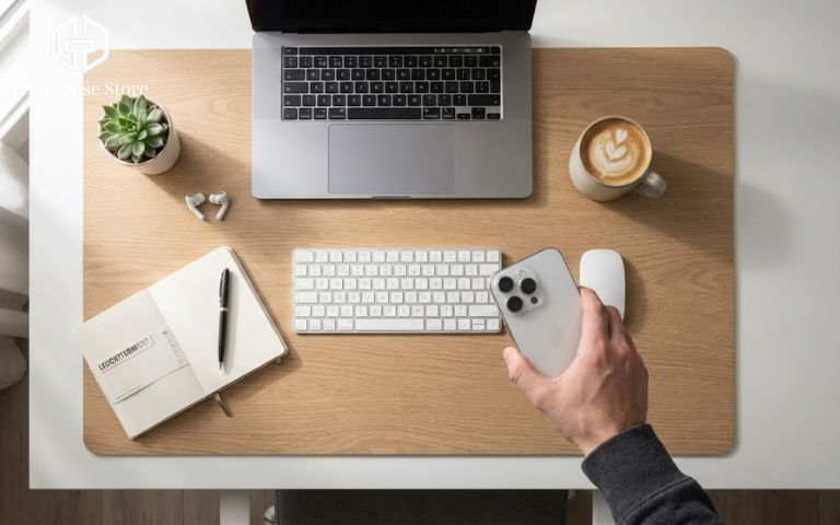 10+ Mẹo Chụp Ảnh Đẹp Bằng iPhone: Ai Cũng Làm Được (Từ Cơ Bản Đến Pro) Góc chụp từ trên xuống (Flatlay) một set đồ thời trang và phụ kiện được sắp xếp tinh tế.