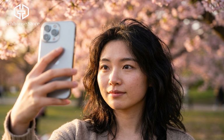 Top 15+ App Chụp Ảnh Đẹp Trên iPhone Miễn Phí 2026 Cô gái trẻ chụp ảnh selfie dưới ánh sáng tự nhiên, làn da sáng mịn nhưng vẫn giữ được kết cấu thật.