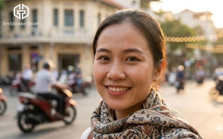 10+ Mẹo Chụp Ảnh Đẹp Bằng iPhone: Ai Cũng Làm Được (Từ Cơ Bản Đến Pro) Ảnh chân dung cô gái cười tươi với phông nền thành phố được xóa mờ tự nhiên nhờ chế độ Portrait.