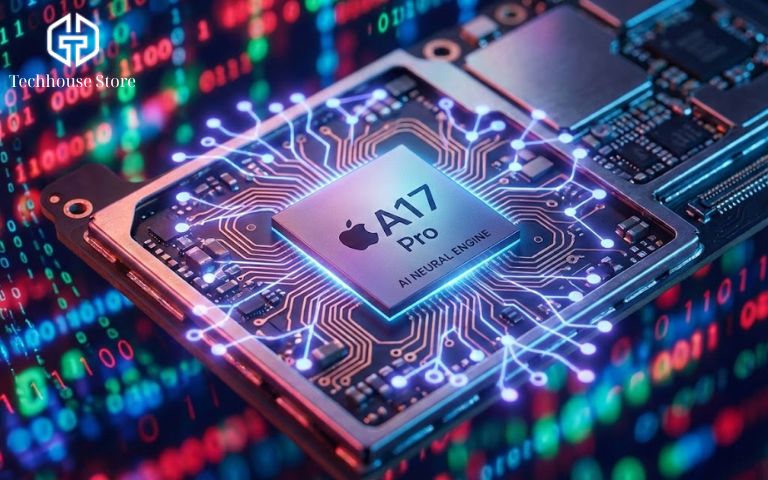 iPhone nào chụp ảnh đẹp nhất 2026? Những lựa chọn "đáng tiền" nhất tại Tech House Store Minh họa mô phỏng con chip xử lý hình ảnh AI bên trong iPhone giúp cân bằng sáng và màu sắc.