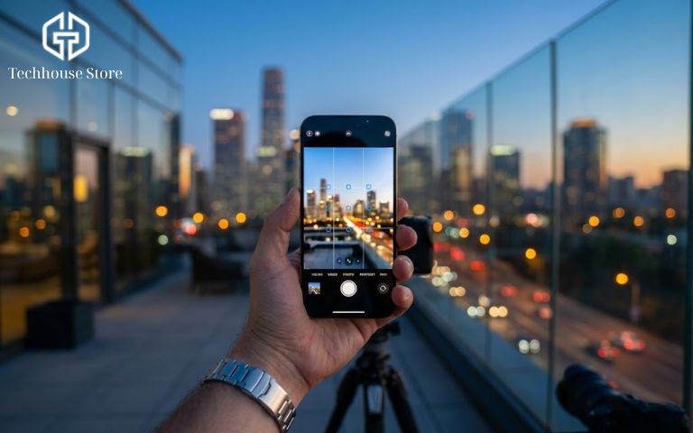 iPhone nào chụp ảnh đẹp nhất 2026? Những lựa chọn "đáng tiền" nhất tại Tech House Store Nhiếp ảnh gia chuyên nghiệp đang sử dụng iPhone 17 Pro Max chụp ảnh phong cảnh từ xa.