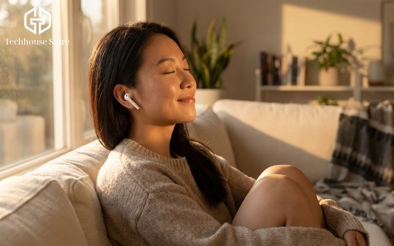 Chất Lượng Âm Thanh AirPods 1, 2, 4, Pro 3: Nghe Có Hay Không? Đánh Giá Chi Tiết 2026 Một người dùng nữ đang thư giãn nghe nhạc Pop bằng AirPods 2 với vẻ mặt thoải mái, không bị đau tai.