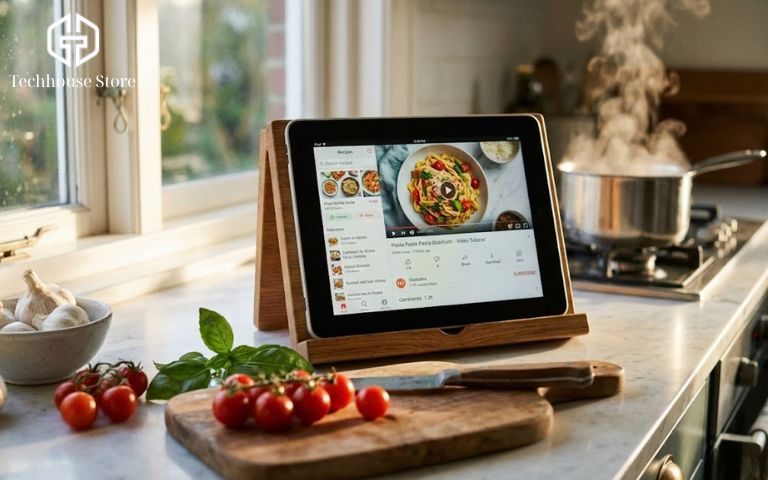 Đừng Vứt Xó! 10 Cách Tận Dụng iPad Cũ Hữu Ích & Tiết Kiệm Nhất Sử dụng iPad cũ đặt trên giá đỡ trong không gian bếp để xem công thức nấu ăn và video hướng dẫn trực quan.