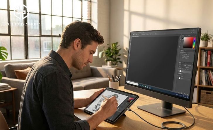 Chuyên gia thiết kế đồ họa đang sử dụng phần mềm EasyCanvas để dùng iPad làm bảng vẽ cho PC Windows bằng Apple Pencil.