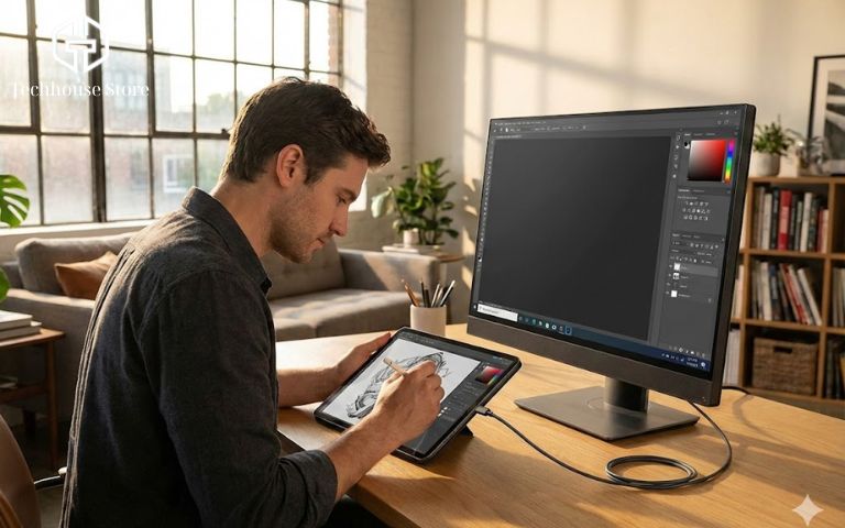 Hướng Dẫn Dùng iPad Làm Bảng Vẽ Điện Tử Cho PC Windows Bằng EasyCanvas (Nhận Lực Nhấn Chuẩn) Chuyên gia thiết kế đồ họa đang sử dụng phần mềm EasyCanvas để dùng iPad làm bảng vẽ cho PC Windows bằng Apple Pencil.