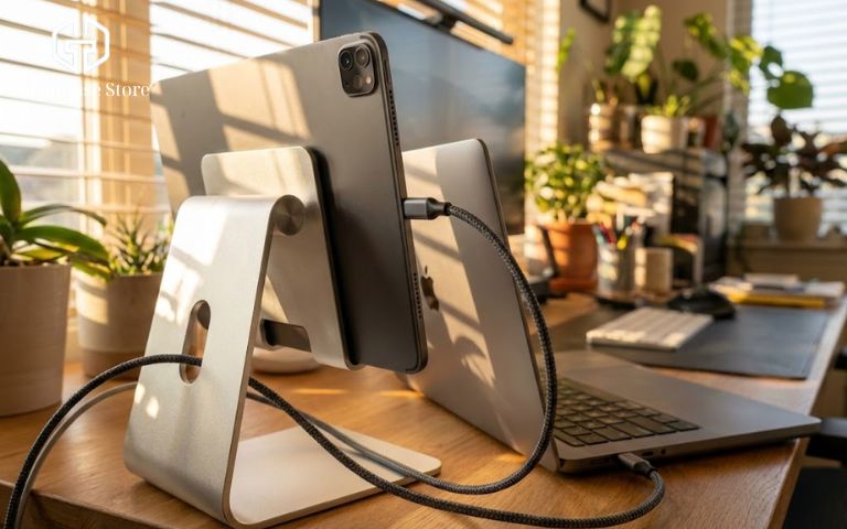 iPad Nào Hỗ Trợ Sidecar? Hướng Dẫn Kết Nối & Setup Sidecar Chi Tiết Thiết lập góc làm việc công nghiệp với giá đỡ iPad bằng nhôm và cáp kết nối USB-C chống lag.