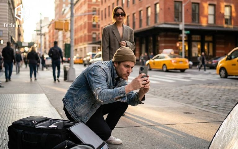 10+ Mẹo Chụp Ảnh Đẹp Bằng iPhone: Ai Cũng Làm Được (Từ Cơ Bản Đến Pro) Nhiếp ảnh gia đang hạ thấp trọng tâm cầm iPhone để chụp góc thấp giúp người mẫu trông cao hơn.