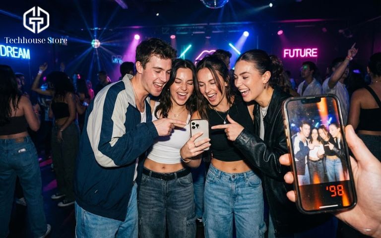 Top 15+ App Chụp Ảnh Đẹp Trên iPhone Miễn Phí 2026 Nhóm bạn trẻ chụp ảnh selfie trong buổi tiệc tối với hiệu ứng đèn Flash và vệt sáng (light leak) đặc trưng của Huji Cam.