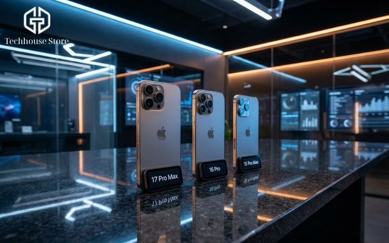 iPhone nào chụp ảnh đẹp nhất 2026? Những lựa chọn "đáng tiền" nhất tại Tech House Store So sánh cụm camera các dòng iPhone 17 Pro Max, iPhone 16 và iPhone 15 Pro Max trên bàn trải nghiệm công nghệ.