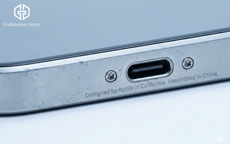 Cận cảnh ốc đáy iPhone nguyên bản sắc nét, không bị trầy xước hay toét cạnh.