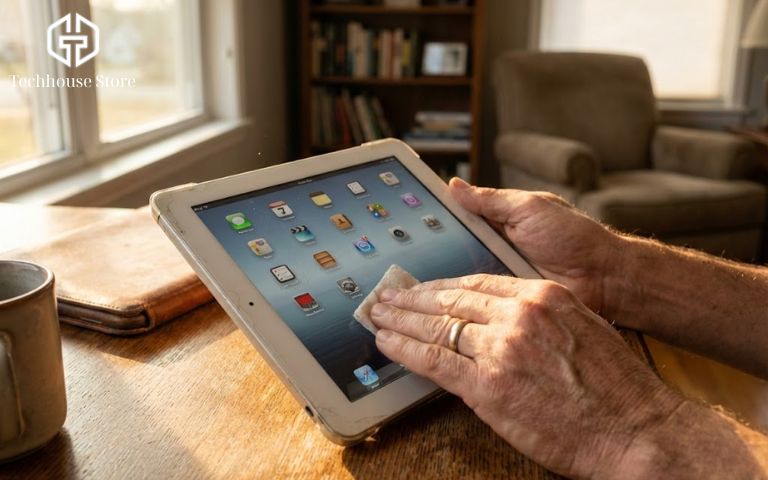 Đừng Vứt Xó! 10 Cách Tận Dụng iPad Cũ Hữu Ích & Tiết Kiệm Nhất Người dùng đang cầm trên tay và kiểm tra tình trạng phần mềm, pin của một chiếc iPad đời cũ để lên phương án tái sử dụng phù hợp.