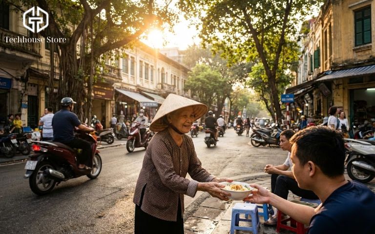 Ảnh chụp phố phường nghệ thuật lúc hoàng hôn bằng iPhone với độ sắc nét cao và màu sắc rực rỡ.