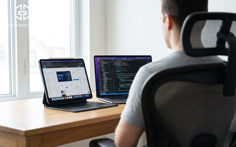 iPad Nào Hỗ Trợ Sidecar? Hướng Dẫn Kết Nối & Setup Sidecar Chi Tiết Mô hình bố trí màn hình 50/50 theo hình chữ V giữa MacBook và iPad giúp người dùng có tầm nhìn tối ưu.