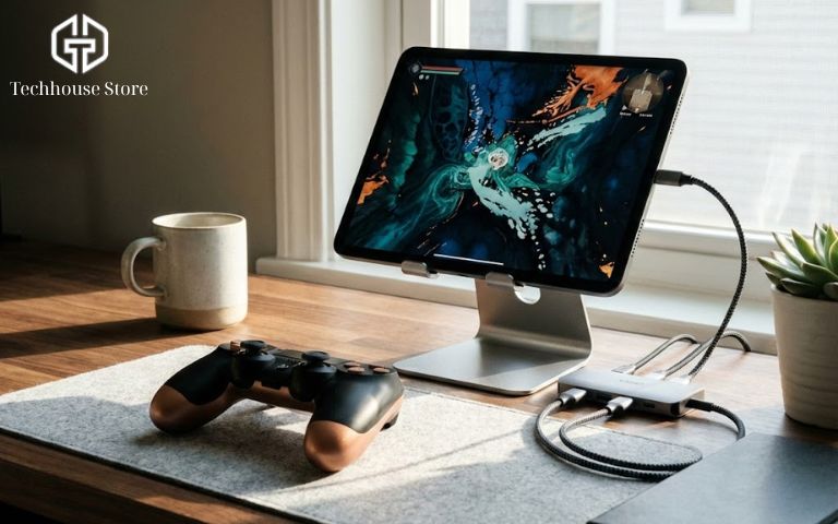 Hướng Dẫn Cách Kết Nối Tay Cầm Với iPad (PS4/PS5/Xbox) Chỉ Trong 30 Giây Bố trí không gian chơi game chuyên nghiệp với iPad đặt trên giá đỡ tản nhiệt kim loại, kết nối cùng tay cầm không dây.