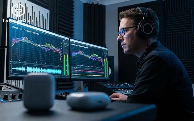 Chất Lượng Âm Thanh AirPods 1, 2, 4, Pro 3: Nghe Có Hay Không? Đánh Giá Chi Tiết 2026 Chuyên gia kỹ thuật đang phân tích biểu đồ tần số âm thanh của tai nghe AirPods trên màn hình chuyên dụng tại phòng thí nghiệm.