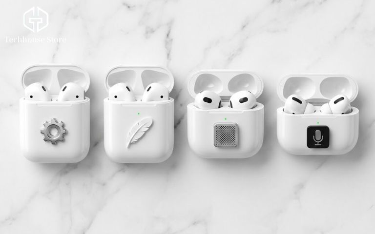 Chất Lượng Âm Thanh AirPods 1, 2, 4, Pro 3: Nghe Có Hay Không? Đánh Giá Chi Tiết 2026 Bốn mẫu tai nghe AirPods đặt cạnh nhau trên bàn làm việc hiện đại để so sánh thiết kế và kích thước.