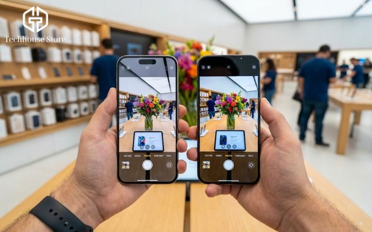 iPhone nào chụp ảnh đẹp nhất 2026? Những lựa chọn "đáng tiền" nhất tại Tech House Store Góc nhìn người thứ nhất đang cầm hai chiếc iPhone (15 Pro Max và 17 Pro Max) đặt cạnh nhau để so sánh màn hình chụp ảnh tại Tech House Store.