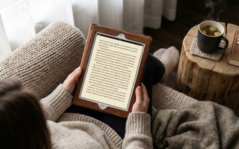 Đừng Vứt Xó! 10 Cách Tận Dụng iPad Cũ Hữu Ích & Tiết Kiệm Nhất Người dùng đang cầm chiếc iPad cũ thư giãn đọc sách điện tử và nghiên cứu tài liệu trên ghế sofa.